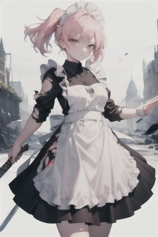 (Ultra-high resolution:1.4)(super high quality:1.4)(detailed:1.4)(Attention to detail), (Ultra-high resolution:1.6)
One girl, cute, White skin, Pink Hair, Pink Eyes, Classic maid outfit, Normal collar, Leading the way, Sword and Magic, Burning Battlefield, Fierce Battle, Intense Combat, Fighting with a two-handed sword, Confronting a formidable opponent, There are scratches or stains, (Battle-torn clothes 1.6), (Torn Skirt:1.6), (Tattered and torn apron:1.6), (Shabby skirt), Covered in mud, (Tattered Apron:1.4), 