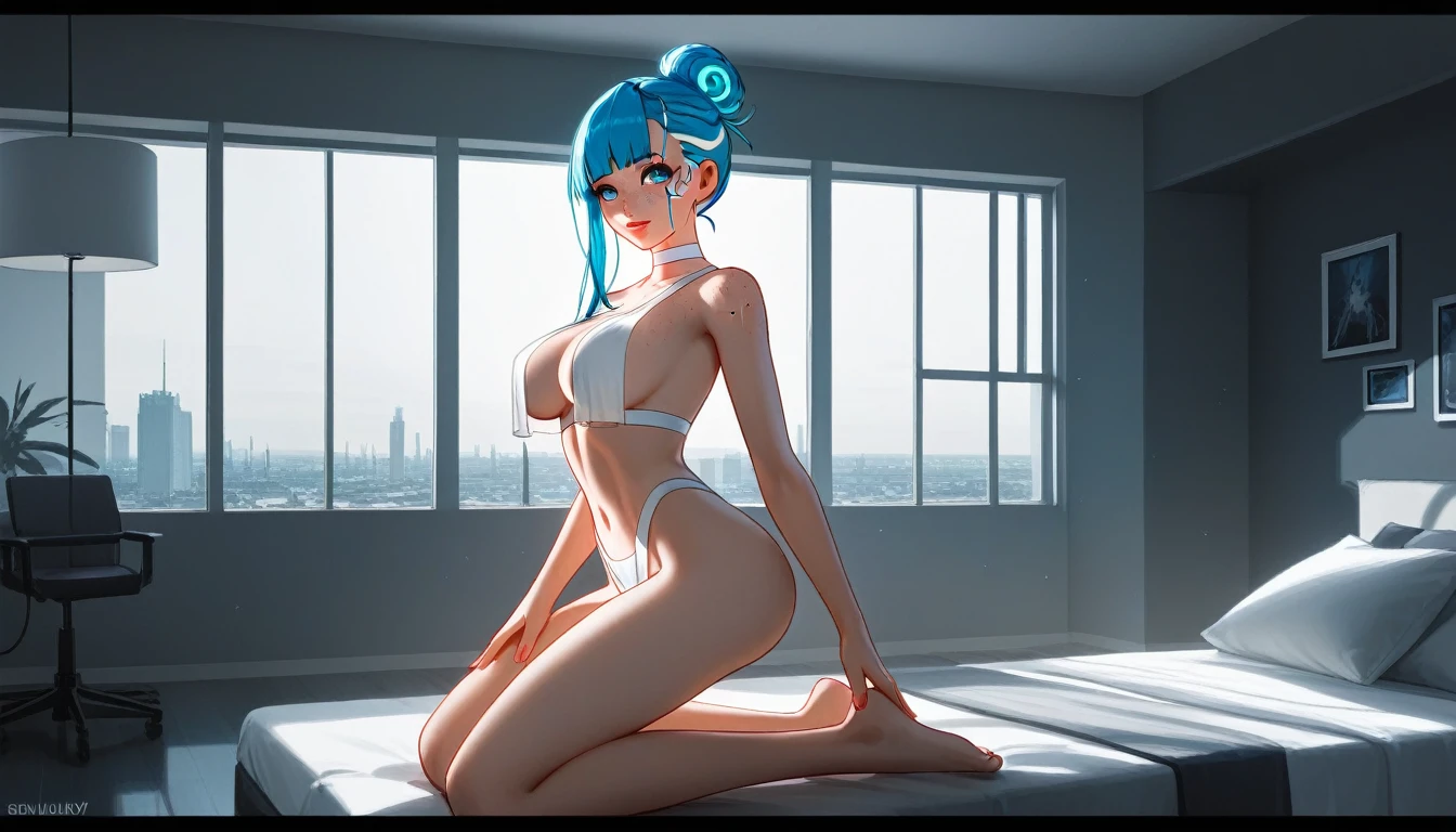 Create a digital anime-style lucy, image of a young woman with a modern, eyes blue, lips atractive, beatiful fitness of her. edgy appearance standing confidently in a dimly lit room with a cyberpunk aesthetic. , styled hair with vibrant colors, The room cyber with window. high details. feel comfortable in your room, minimum clothing, spred ass, kneeling, large breasts, white choker, pink lips, freckles, pretty girl, showing the legs and feet