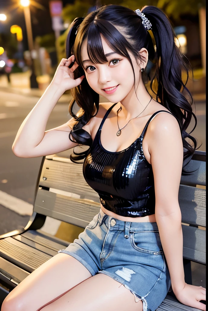 (Highest quality,masterpiece:1.3,Ultra-high resolution),(Very detailedな、Caustics) (Photorealistic:1.4, RAW shooting、)Ultra-Realistic Capture、Very detailed、Natural skin texture、masterpiece、(Sequin tank top and short denim pants:1.3)、1 Japanese girl、Adorable expression、Expressions of Happiness、14 years old、Young Face、Surprisingly cute、Twin tails、Curly Hair、Black Hair、Scrunchie、Earrings、necklace、light makeup、A big bust that seems to burst、This photo was taken on a busy street at night..、Shining thighs、Sit on a bench on the sidewalk、Shooting from the side、smile、An inviting gaze、
