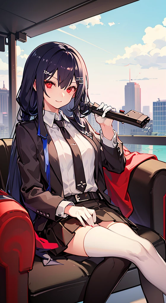 Girl with long white hair, red eyes, sitting on a guy with long black hair