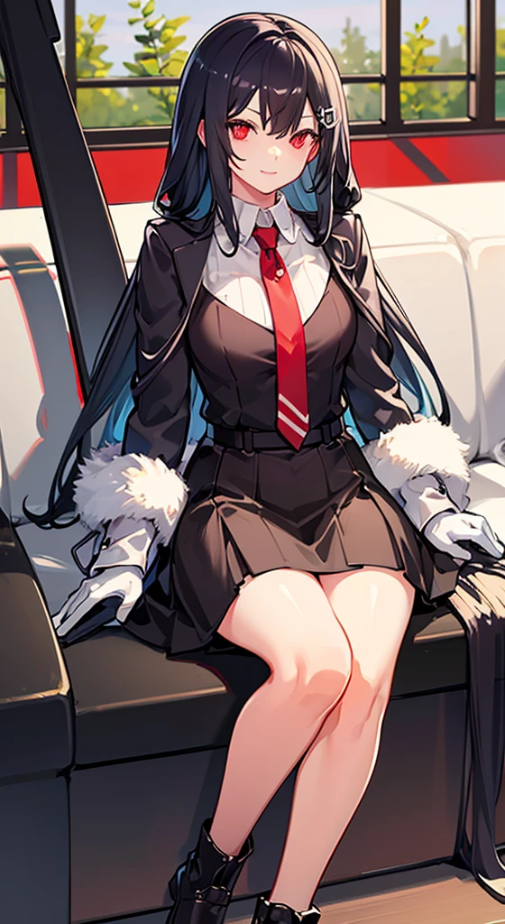 Girl with long white hair, red eyes, sitting on a guy with long black hair