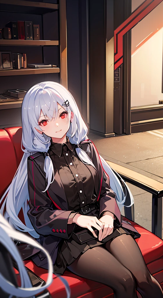 Girl with long white hair, red eyes, sitting on a guy with long black hair