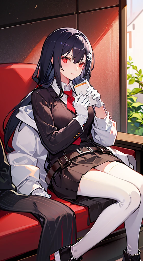 Girl with long white hair, red eyes, sitting on a guy with long black hair