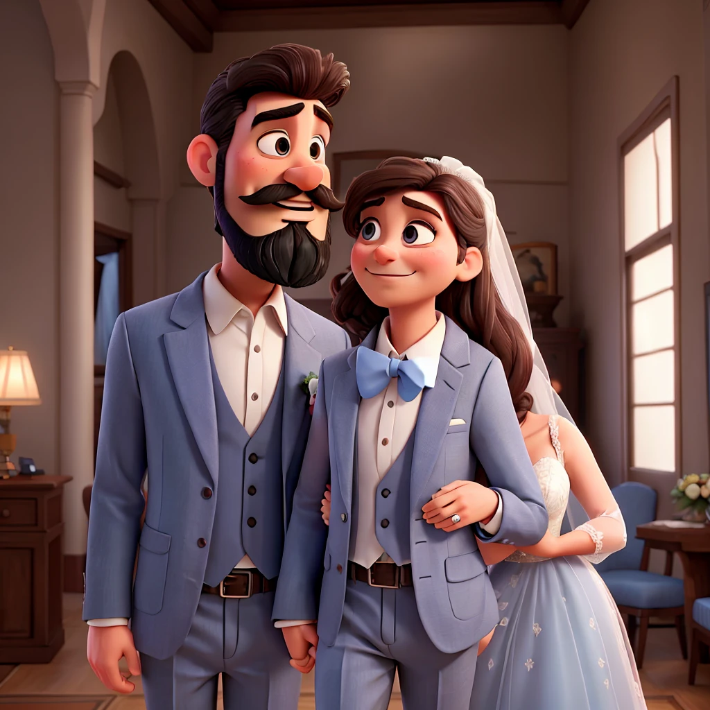 Man in a grayish blue suit with beard and mustache and woman in a wedding dress, man kissing woman's hand, in love, Disney Pixar |
