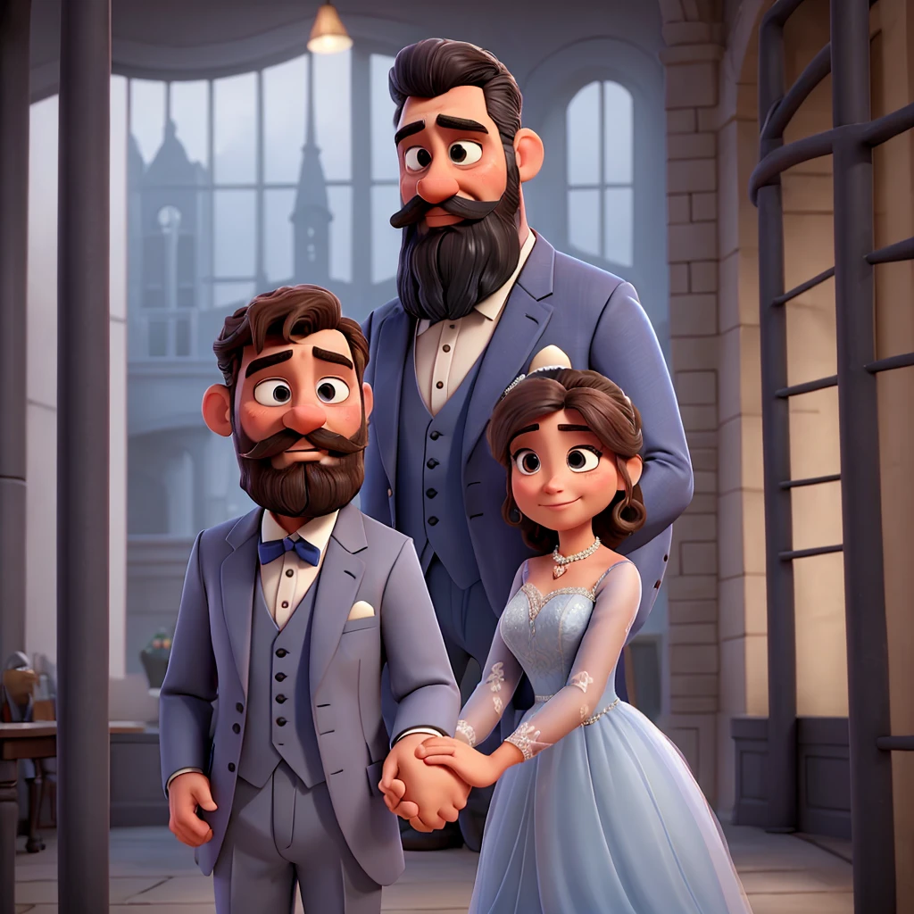 Man in a grayish blue suit with beard and mustache and woman in a wedding dress, man kissing woman's hand, in love, Disney Pixar |
