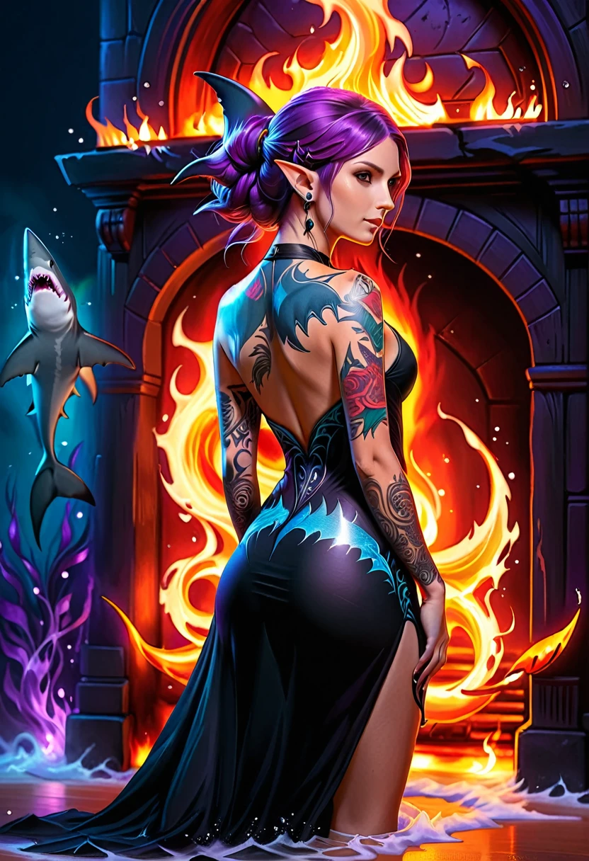 a picture of a an elf with a ((tattoo of a shark: 1.5)) on her back, Dark fantasy art, fantasy art, goth art,, a glowing tattoo of a ((shark: 1.3)) on the back of the elf, the ((shark tattoo)) is vivid, intricate detailed coming to life from the ink to real life, GlowingRunesAI_purple, ((fire surrounds the shark: 1.5)), shoot taken from the back, ((the back is visible: 1.3), she wears a transparent black dress, the dress is elegant, flowing, elven style, that the tattoos glow, dynamic hair color, dynamic hair style, faize,, Digital Painting