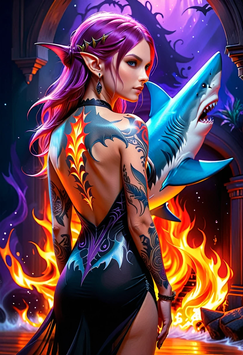  a picture of a an elf with  a ((tattoo of a shark: 1.5)) on her back, Dark fantasy art, fantasy art, goth art,, a glowing tattoo of a ((shark: 1.3)) on the back of the elf, the ((shark tattoo)) is vivid, intricate detailed coming to life from the ink to real life, GlowingRunesAI_purple, ((fire surrounds the shark: 1.5)), shoot taken from the back, ((the back is visible: 1.3), she wears a transparent black dress, the dress is elegant, flowing, elven style, that the tattoos glow, dynamic hair color, dynamic hair style, faize,, Digital Painting