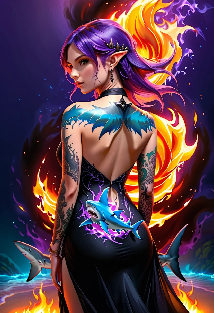 a picture of a an elf with a ((tattoo of a shark: 1.5)) on her back, Dark fantasy art, fantasy art, goth art,, a glowing tattoo of a ((shark: 1.3)) on the back of the elf, the ((shark tattoo)) is vivid, intricate detailed coming to life from the ink to real life, GlowingRunesAI_purple, ((fire surrounds the shark: 1.5)), shoot taken from the back, ((the back is visible: 1.3), she wears a transparent black dress, the dress is elegant, flowing, elven style, that the tattoos glow, dynamic hair color, dynamic hair style, faize,, Digital Painting