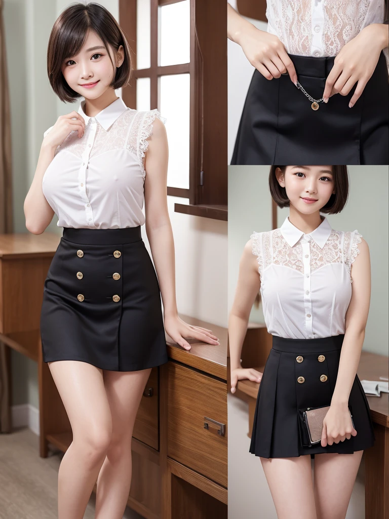 Highest quality、masterpiece、8K、Very detailed、Realistic、(Young face:1.2)、(Looks like an elementary school ???:1.2)、1 person、Looking at me with a smile、whole body、(Big Breasts)、Thin and beautiful legs、Tight and slim waist、Lace, see-through, tight sleeveless button-up and collared shirt、(See-through lace micro skirt)、Short Hair、(Erect nipples)、Lift up the hem of your skirt