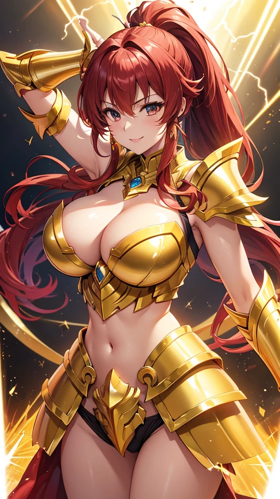 Gold Armor, 4K image, assembly, best quality, masterpiece, movie lighting ，Sexy，Large Breasts，Cleavage，action，In battle，Cleavage，Smile，noble，light beam from hand，Golden lightning surrounds，Red hair，Ponytail hairstyle，Saint Seiya Leo Aiolia，Blink，Lipstick，High purchase price