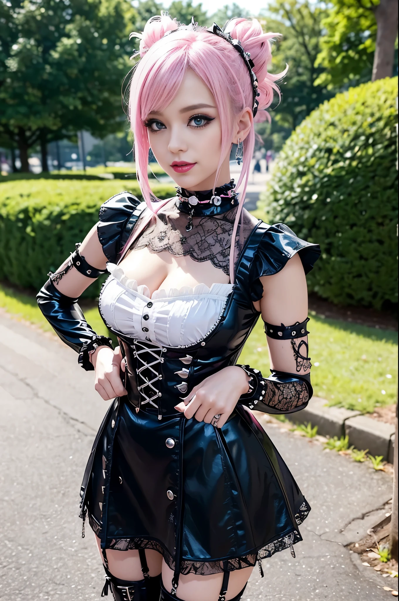 sexy stylish Swedish model, only 1 female, ((doll-like appearance)), short neon pink stylish hair, ((shiny Punk-Style boots)), (beautiful smile), ultra detailed eyes, Punk makeup, lipgloss, ((sexy Punk Lolita cosplay)), unconventional skirt, petticoats, high neckline, ((ultra detailed lace)), ((ultra detailed embroidery)), intricate details, tartan patterns, safety pins, Punk Lolita accessoires, Punk Lolita choker, ((large sparkling Punk Lolita jewelry)), cinematic light, detailed large park background with trees