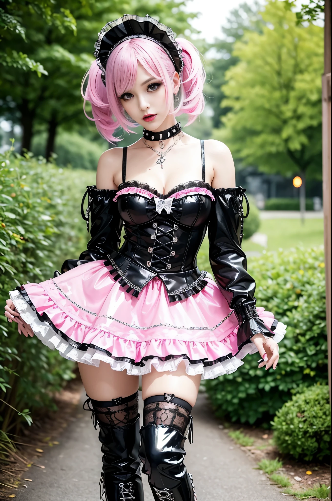sexy stylish Swedish model, only 1 female, ((doll-like appearance)), short neon pink stylish hair, ((shiny Punk-Style boots)), (beautiful smile), ultra detailed eyes, Punk makeup, lipgloss, ((sexy Punk Lolita cosplay)), unconventional skirt, petticoats, high neckline, ((ultra detailed lace)), ((ultra detailed embroidery)), intricate details, tartan patterns, safety pins, Punk Lolita accessoires, Punk Lolita choker, ((large sparkling Punk Lolita jewelry)), cinematic light, detailed large park background with trees
