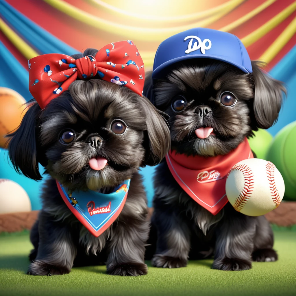 2 adorable small black shih tzu puppies,wearing bright bandanas and sunglasses,playing baseball,disney cartoon background,3d render,disney pixar style,highly detailed,photorealistic,cute,playful,vibrant colors,soft lighting,dynamic pose
