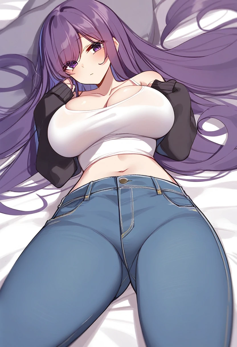 (masterpiece:1.37), best quality, (extremely detailed:1.37), woman, (adult:1.5), (very long hair:1.5), dark purple hair, purple eyes, (extremely detailed eyes:1.37), large breasts, crop top, cleavage, navel, (tight jeans:1.5), (wetting self:2.0), bed, her hands are tied to the headboard, (on back:1.5)