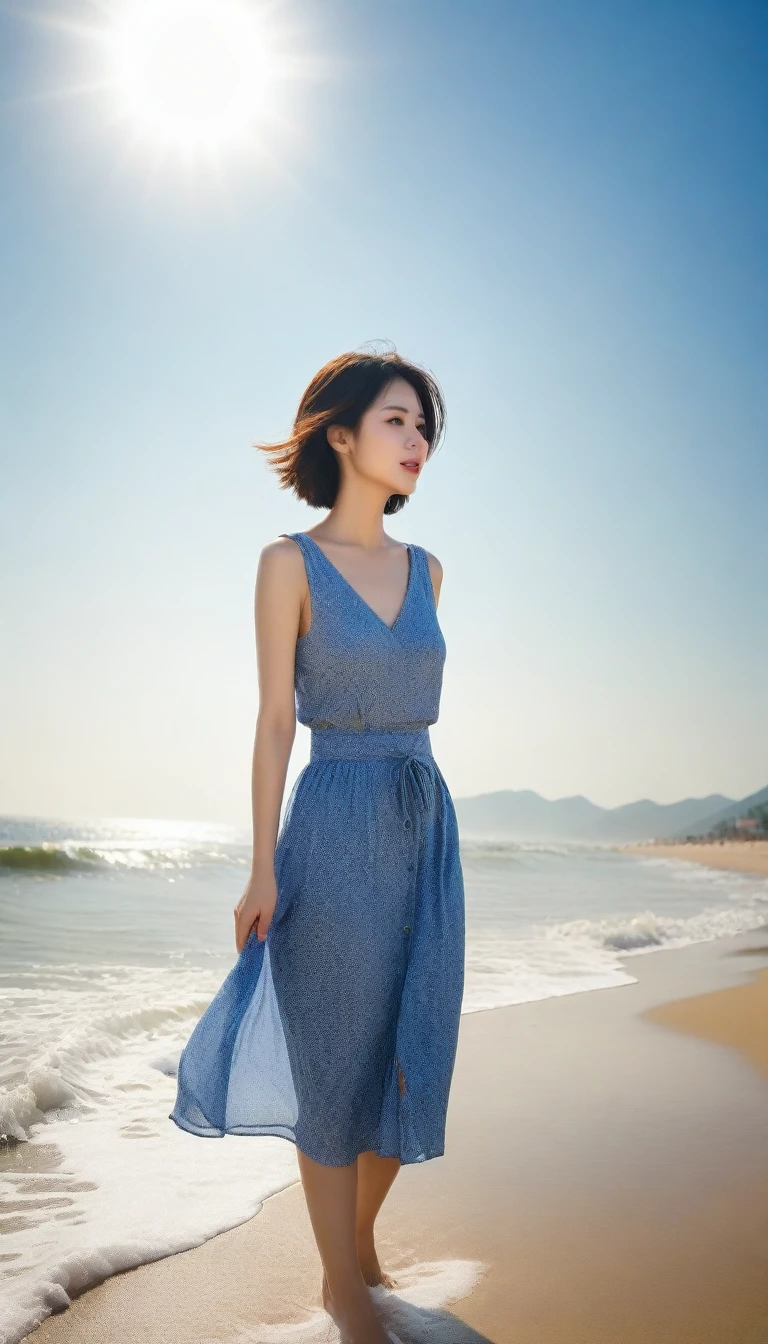 Beautiful Korean Woman, Chest size 34 inches, Wear sleeveless, light skirts, Looking at the sea from the beach at sunset. beautiful pretty woman look , wearing a light skirt , Go far into the sea water and soak your feet, wet, dark blue sky, bright sun light at midday, Short medium hair blowing in the wind, 1 woman, beautiful eyes, A slight smile, Beach with waves in Danang, Vietnam, palm trees visible, Taken from afar with a wide angle lens, best high definition, perfect seascape,
