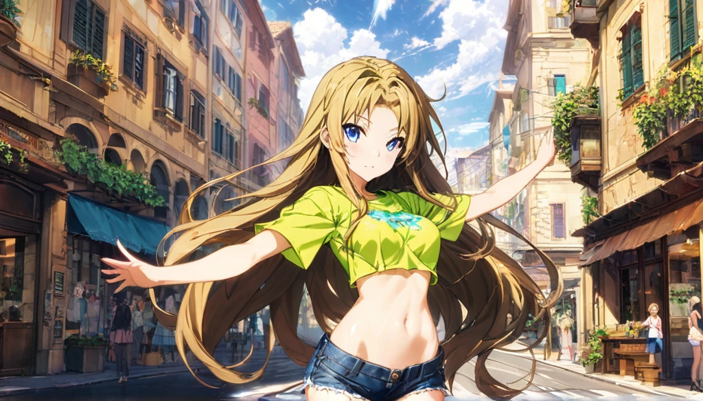 ((Anime Infinite Stratus Art, 8k, ultra full high definition, epic quality, epic texture)). The theme is mysterious. The setting is a street in Rome, it's summer, it's daytime, there are some shops, there are people passing by the scene. The focus is a girl, her name is Yukiko, 11 years old, very short stature, very messy blonde hair(long:2.8) with bangs, ice blue eyes, wonderful face, she has white skin, shapely body, narrow chest, large and round breasts, thin waist, narrow hips, big and perky butt, she's wearing denim shorts(short:1.4) and a low-cut flowery t-shirt(short:1.5), she's naive and sensual, she's strolling through the scene. The climate is calm and serene.