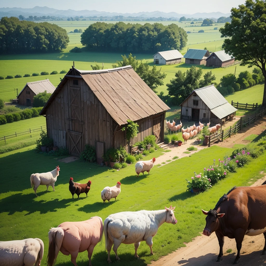Farm, with chickens, gallos, horses, Cows,pigs and many plants