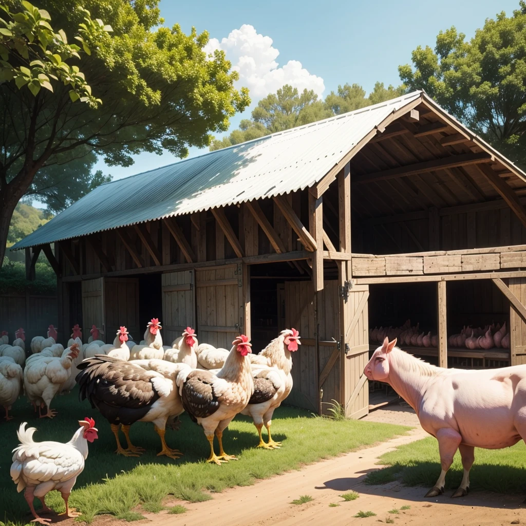 Farm, with chickens, gallos, horses, Cows,pigs and many plants