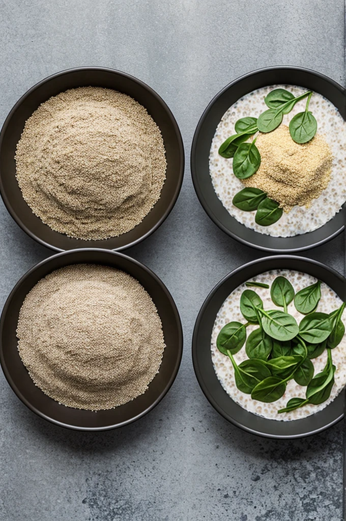 Images of almond chia seeds and spinach separately in an animated way