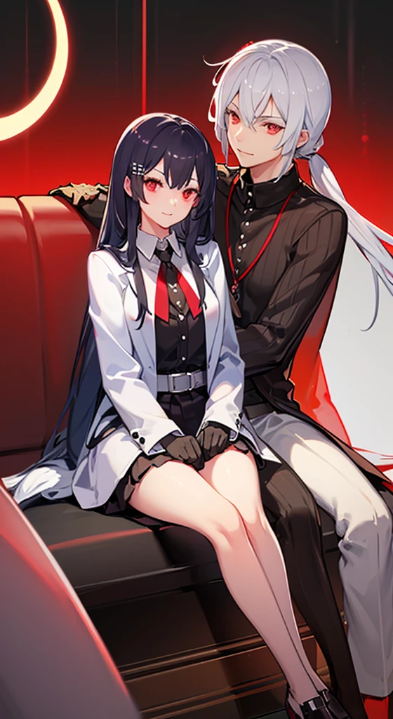 Girl with long white hair, red eyes, sitting on a guy with long black hair