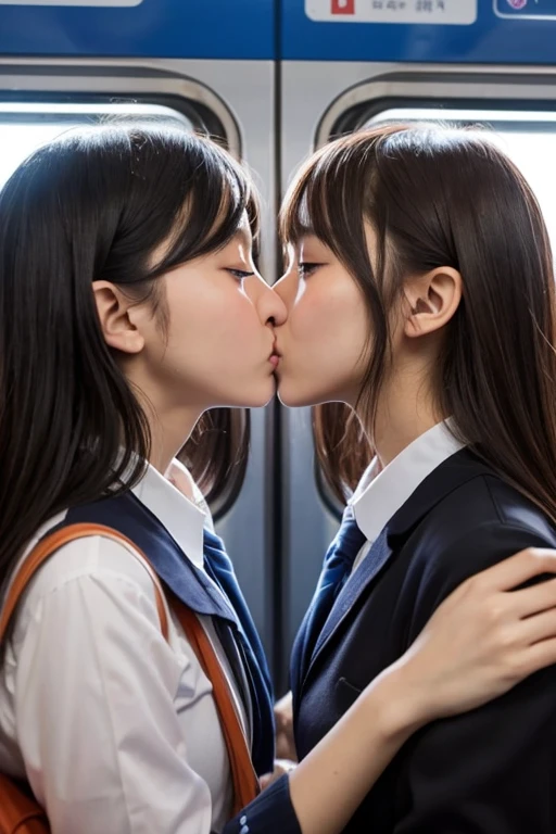 two schoolgirls, dislike kiss, facing each other, no gap, angry expression, kiss, close contact on a crowded train, stuck between girls face