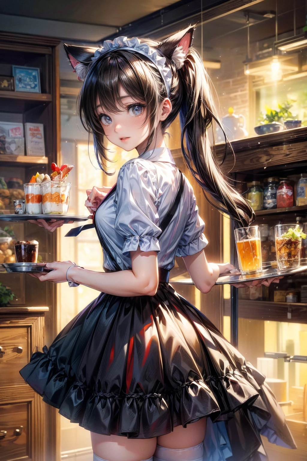 One Girl、(20-year-old woman)、Cat ears headband、Cat tail、Black maid outfit、Holding a tray with two parfaits on it in one hand、With the other hand, lift your skirt to show your underwear、Short skirt、White knee-high socks、Striped pants、Highest quality、8K、Beautiful Face、Mischievous smile、Wink to the viewer、View Viewer、Bright cafe