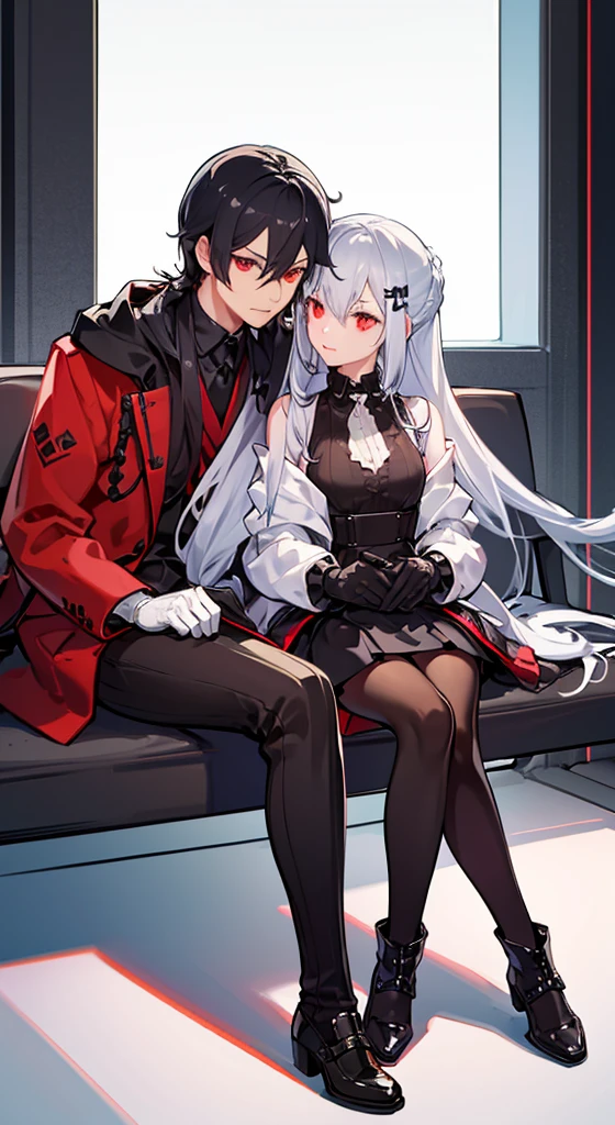 Girl with long white hair, red eyes, sitting on a guy with long black hair