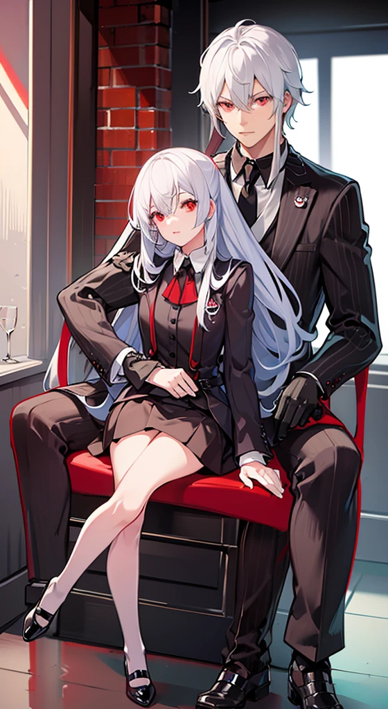 Girl with long white hair, red eyes, sitting on a guy with long black hair
