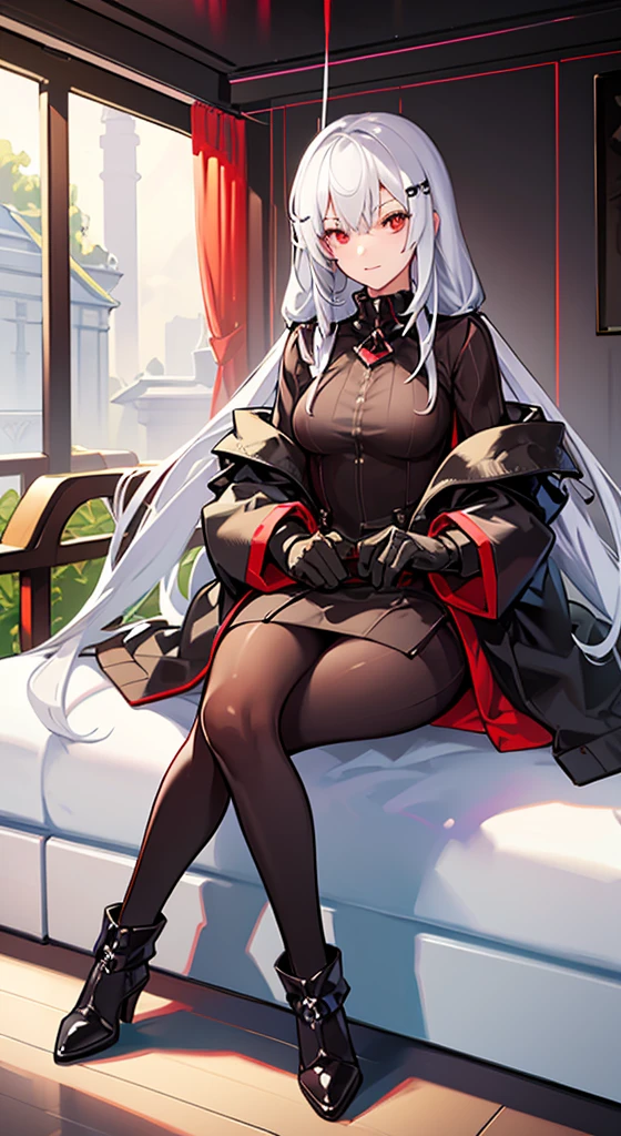 age girl,15 yne, 1 girl,alone, Racing Queen, (cross reins:0.5), thigh strap, (黑色tights:1.8), pelvic curtain, lie, Pillow \(Relieved\),(black long gloves:1.8), (Forina:1.5), (Genshin Impact:1.2), white hair, blue hair,(super detailed eyes:1.4),beautiful eyes, (病态的Smile:1.3),excited,疯狂的的Smile、她的衣服上With blood stains、With blood stains、(black long boots:1.4),Smile,Sick ,(Black jumpsuit:1.4), (tights),thick eyebrows,thin waist,(masterpiece),((best quality)),(super detailed),Younger sister,(beautiful eyes)),beautiful details eyes,Clean and delicate face,five fingers,Textile shades,perfect anatomy, (ultra high definition:1.6),(Correct hand structure:1.5) ((masterpiece,best quality)), Heterochromia, short hair, Smile,(Red Cloak anime girl:1.4)