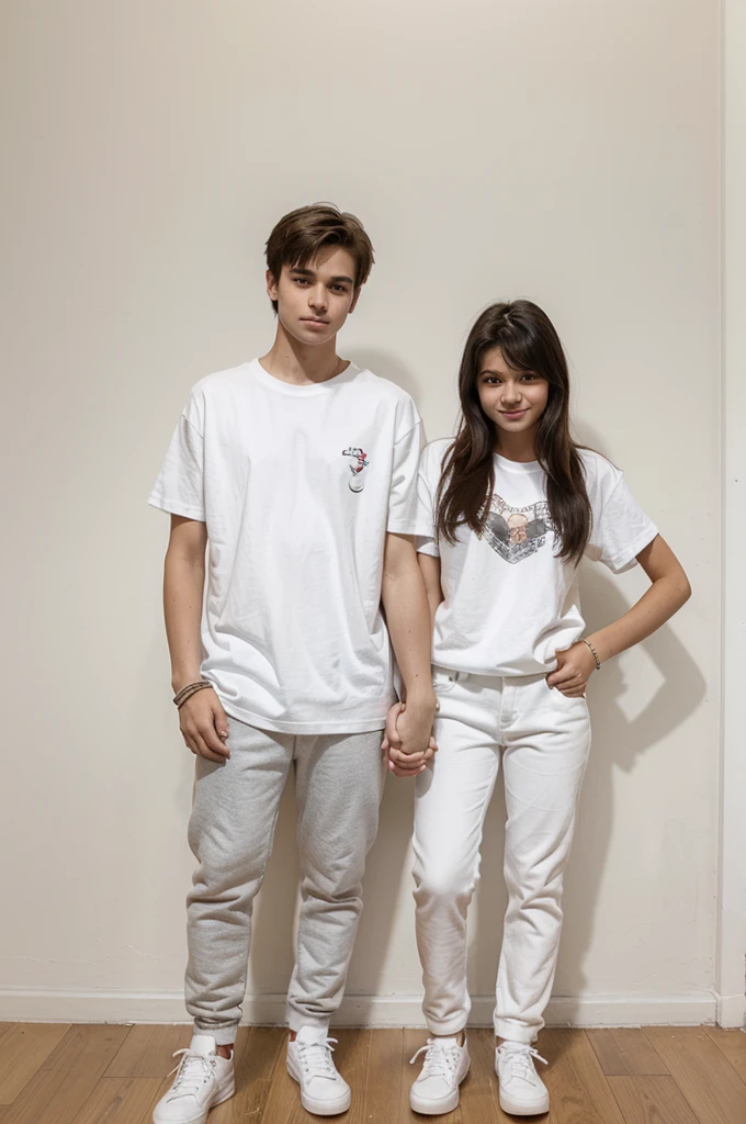 heterosexual couple of age lovers aged 12, a boy and a girl hugging each other, both wearing a white t-shirt, white pants, white sneakers, seen from the front and full body and with white bracelets on their arms, holding hands. both the same height and wearing a black t-shirt with tanned skin and a black bracelet on the same arm where they are holding hands. The couple's arms must be close together. both must be wearing white clothes. T-shirt must not have drawings, just white.