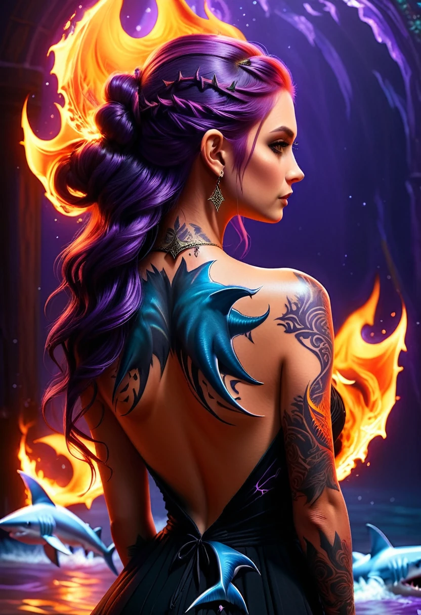 a picture of a an elf with a ((tattoo of a shark: 1.5)) on her back, Dark fantasy art, fantasy art, goth art,, a glowing tattoo of a ((shark: 1.3)) on the back of the elf, the ((shark tattoo)) is vivid, intricate detailed coming to life from the ink to real life, GlowingRunesAI_purple, ((fire surrounds the shark: 1.5)), shoot taken from the back, ((the back is visible: 1.3), she wears a transparent black dress, the dress is elegant, flowing, elven style, that the tattoos glow, dynamic hair color, dynamic hair style, faize,, Digital Painting