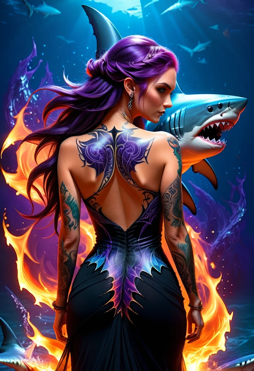 Arafed, a picture of a ((shark tattoo: 1.5)) on the back of a female elf, of  glowing tattoo of a ((blue shark: 1.3)) the shark tattoo is vivid, intricate detailed coming to life rising from the ink to real life, ,  AlchemyPunkAI, shoot taken from the back, ((the back is visible: 1.3), she wears a transparent dress that the tattoos glow,