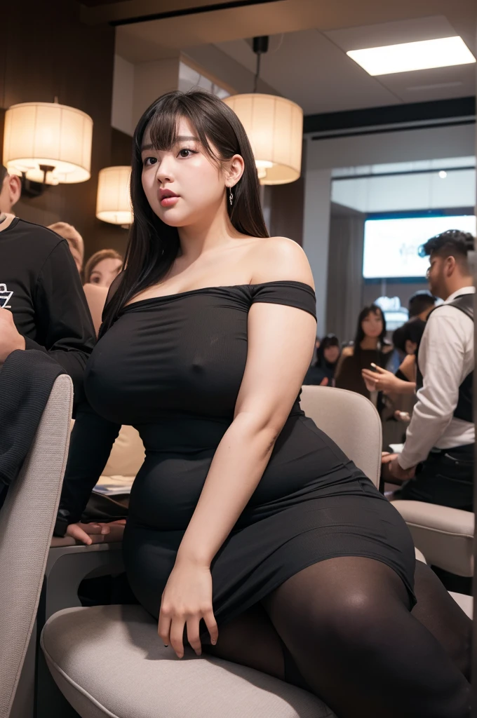 (8k, ultra-high resolution, highest quality, masterpiece:1.2), ultra-realistic, (realistic, photorealistic:1.37), (realistic skin:1.2), ultra-detailed, Canon EOS RP, 8k, (VR headset), VR play, (from below:1.4), Korean mature woman, embarrassed, frustrated, (((super obese)))、 (((super curvy,))) ((super voluptuous,)) ((saggy ???????)), frightened, screaming, shrugging, tight dress, sitting on chair, surrounded by crowd,