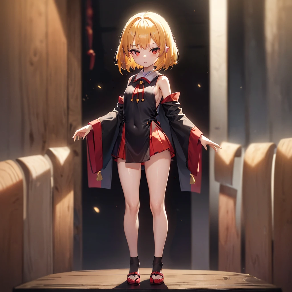 ((Shrine maiden)),(mini skirt),,(Revealing clothing),(In a naughty way),Cute little ,Tiny ,Small girl,,Childish face, Very fine clean face,Top quality,Straight Hair,Yellow hair,(Dark Room), Subtle light, Natural light,Soft lighting,Light from directly behind,(Open your hands), (Are standing),Front view,Black background