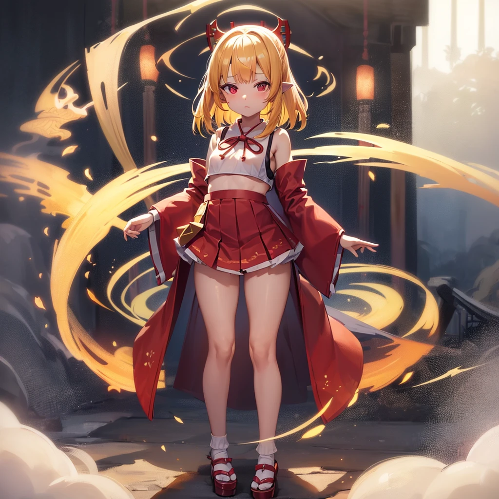 ((Shrine maiden)),(mini skirt),,(Revealing clothing),(In a naughty way),Cute little ,Tiny ,Small girl,,Childish face, Very fine clean face,Top quality,Straight Hair,Yellow hair,(Dark Room), Subtle light, Natural light,Soft lighting,Light from directly behind,(Open your hands), (Are standing),Front view,Black background