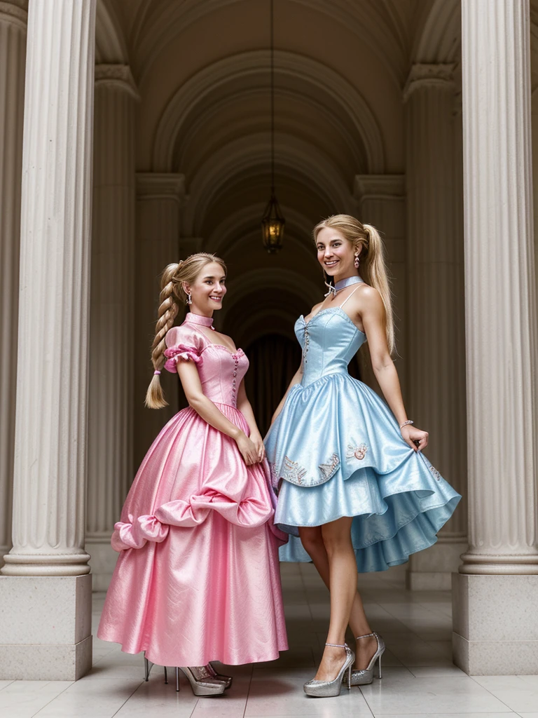Make two woman wearing a hot pink cinderella princess dress,The womans are brunette and blonde with long hairs with braided ponytails , silver earrings, silver collar, tem 25 anos, usa uma coroa, Palace environment,big breast, hoop skirt, smiling, high heels, 4k, detailded photo, full body,