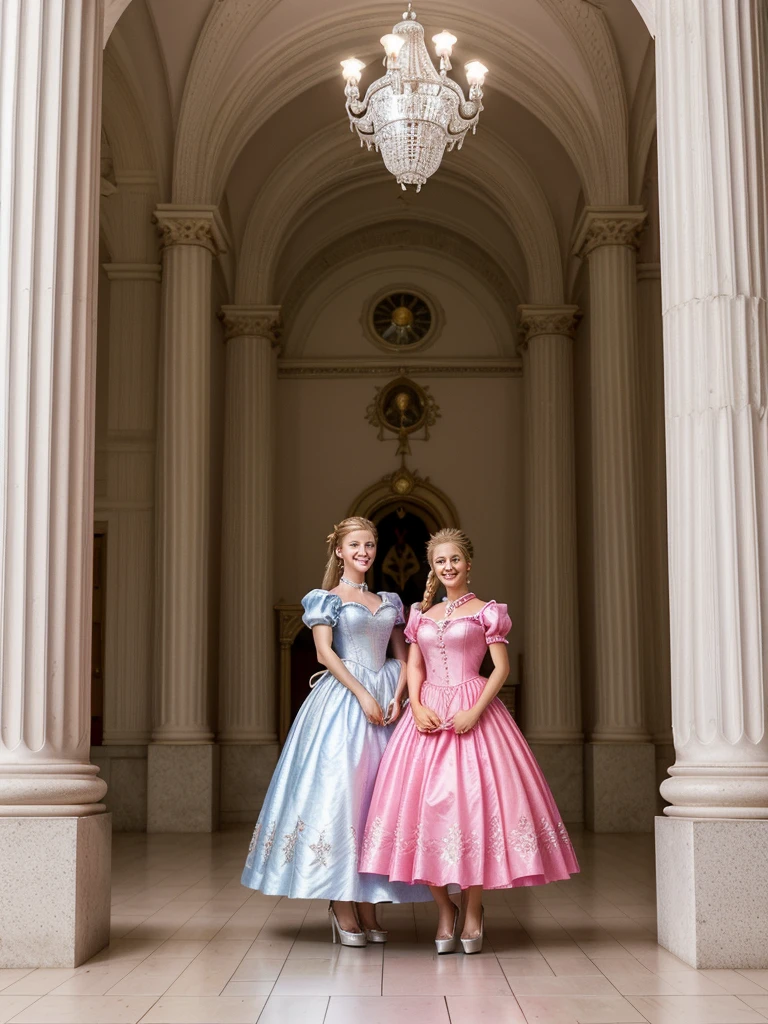 Make two woman wearing a hot pink cinderella princess dress,The womans are brunette and blonde with long hairs with braided ponytails , silver earrings, silver collar, tem 25 anos, usa uma coroa, Palace environment,big breast, hoop skirt, smiling, high heels, 4k, detailded photo, full body,
