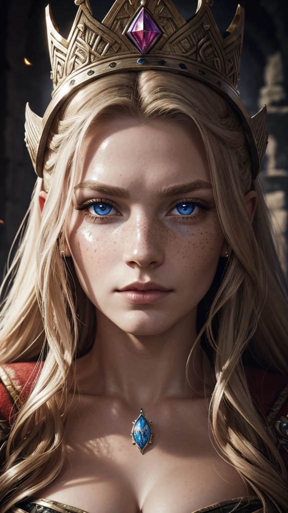hyperrealistic glamour portrait of an Queen Viking  in Castle ,surrounded by elemental magic, arcane, freckles, skin pores, pores, velus hair, macro, extreme details, looking at viewer,
