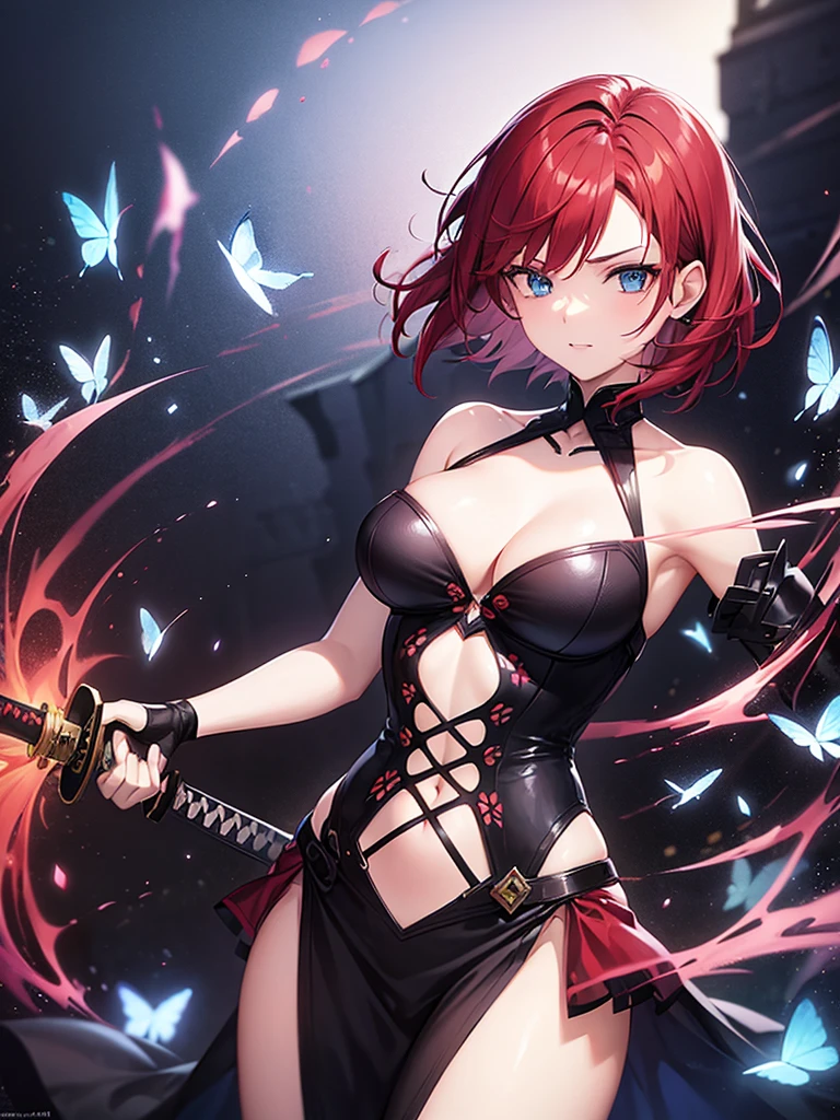 22 year old girl, short scarlet hair, decoration erflies in hair, blue eyes, using two hands a katana that emanates dark energy. 