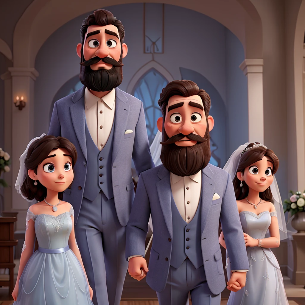 Man in a grayish blue suit with beard and mustache and woman in a wedding dress, in love, Disney Pixar |
