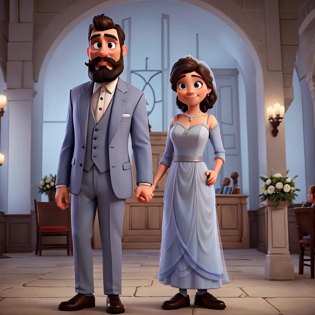 Man in a grayish blue suit with beard and mustache and woman in a wedding dress, in love, Disney Pixar |