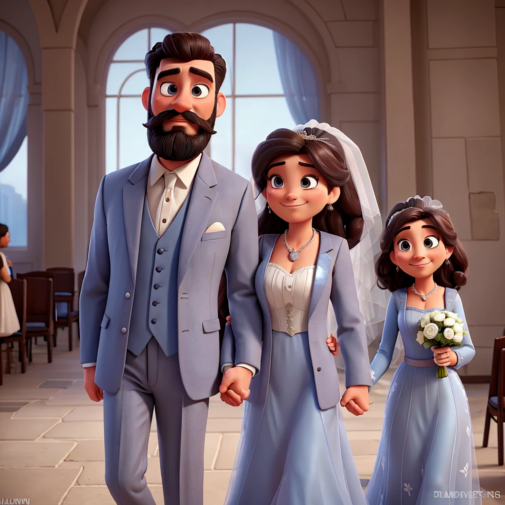 Man in a grayish blue suit with beard and mustache and woman in a wedding dress, in love, Disney Pixar |