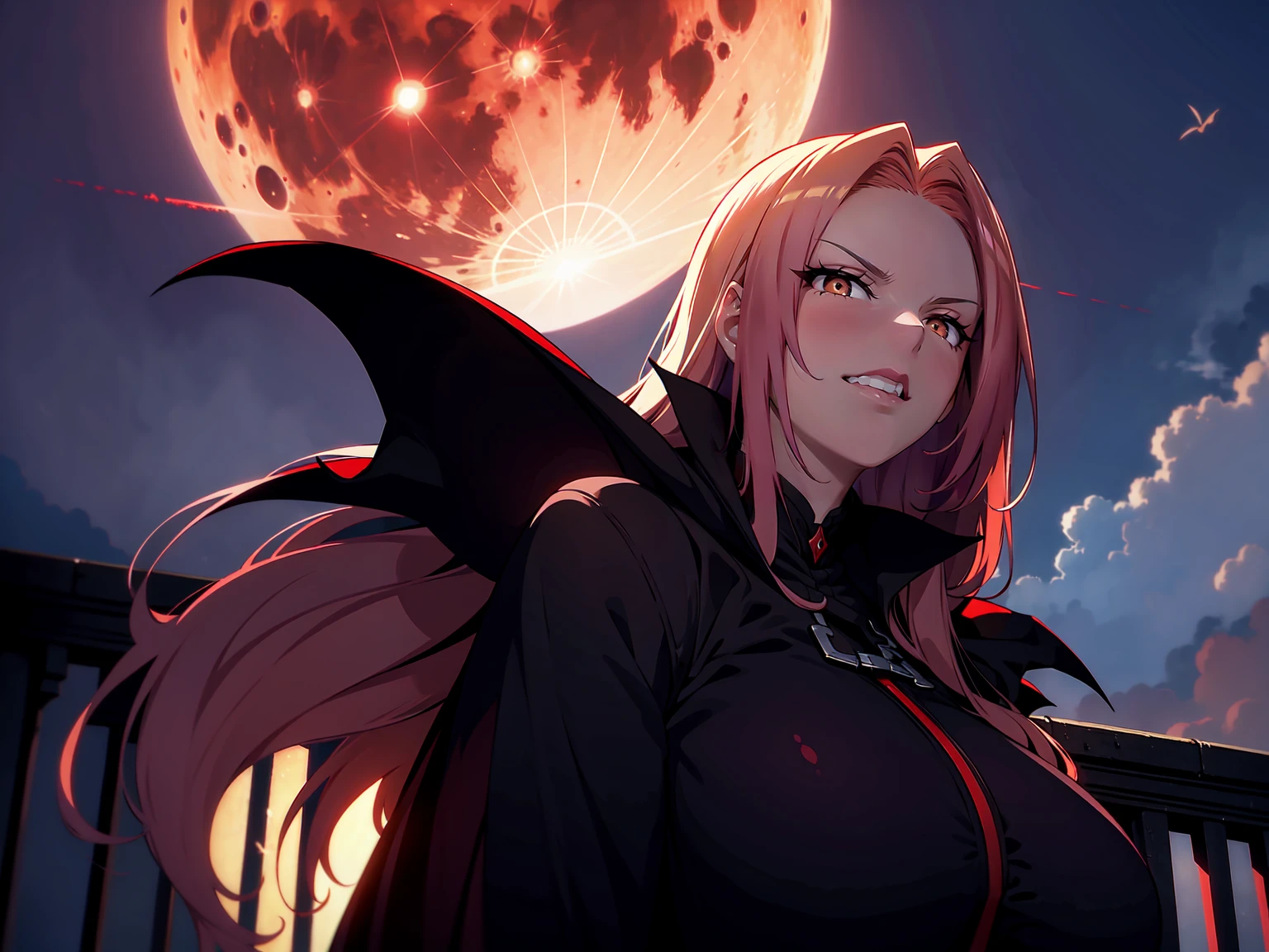 A huge, blood-red full moon peeked through the clouds. A beautiful, busty, mature vampire woman stepped onto the balcony in a crimson-lined, jet-black cloak., In this 16k, masterpiece, every proportion is ideally aligned, making her a seductive and toxic vision, nsfw, masterpiece, (slyly looks:1.1), (Cruel grinning eyes:1.1), perfect anatomy, ideal facial features, ideally proportioned figure, perfectly beautiful body, incredibly absurd res, absolutely resolution,16k wallpaper, (looking down at us), Dutch angle, (from diagonally below),