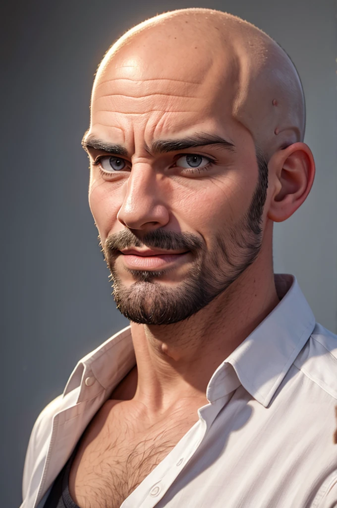 Masculine face of a bald man.