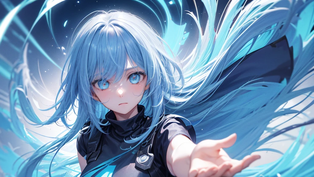 Create an anime-style image featuring a close-up of a character's face with a fantastical background. Focus on a glowing blue eye with detailed and vibrant colors. The hair should be white and dynamically moving, as if influenced by wind or water. Use lighting and light refractions to add attractive and realistic visual effects. Highlight the details in the eye and hair to give a sense of motion and depth, while maintaining a blend of fantastical and realistic elements