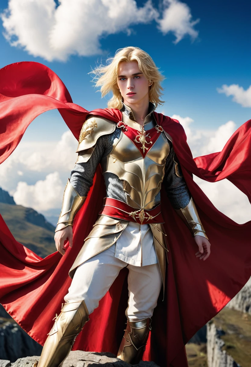 high-quality picture expressing overwhelming success and power. A 20 year old blond male prince wearing glorious armor with a red cape standing on top of the world