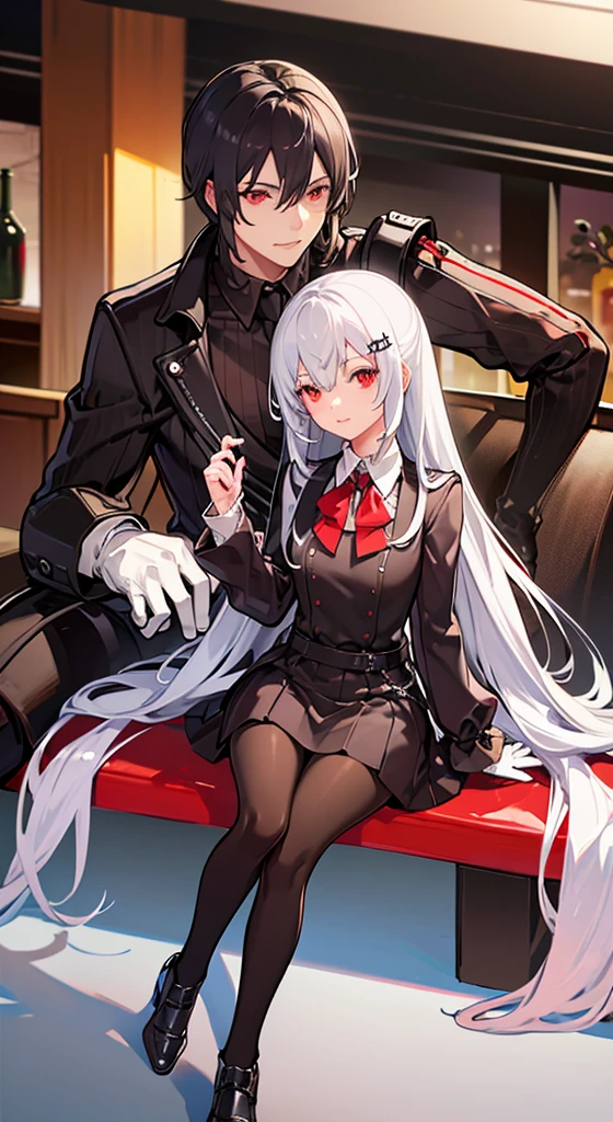 Girl with long white hair, red eyes, sitting on a guy