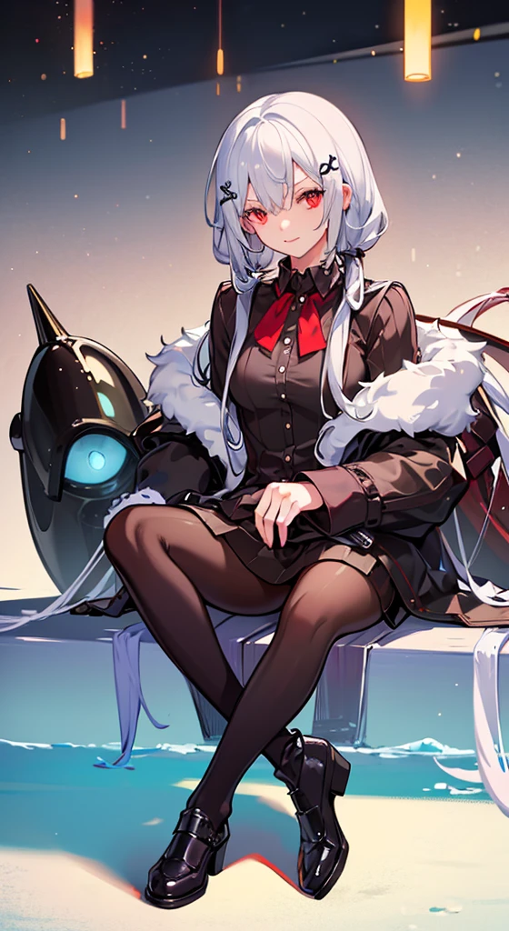 Girl with long white hair, red eyes, sitting on a guy with long black hair