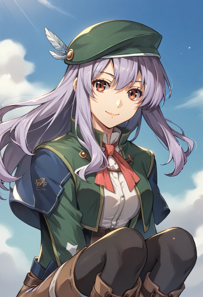 check_9, check_8_up, check_7_up, check_6_up, check_5_up, check_4_up, BREAK,
source_Anime, rating_safe Aeolia, lavender hair, long hair, Red eyes, Medium breasts, Green Beret, It has, A green dress, green coat, black tights, White shirt, brown shorts, fleece-lined boots, Brown boots,
Looking at the viewer, smile, upper body, portrait,
1 girl, on open air, sky, clouds, distant mountains,(((on the knee))) 