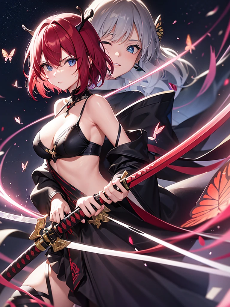 22 year old girl, short scarlet hair, decoration butterflies in hair, blue eyes, using two hands a katana that emanates dark energy.